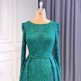 Ships in 1 to 3 Days - Muslim Green Mermaid Elegant O Neck Luxury Beaded Evening Dresses Gowns 2024 For Women Plus Size