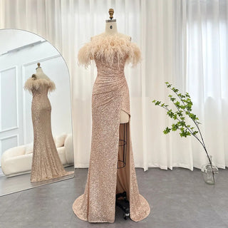 Green Sexy Mermaid High Split Feathers Evening Gown: Formal Luxury for Women's Wedding Party 2024