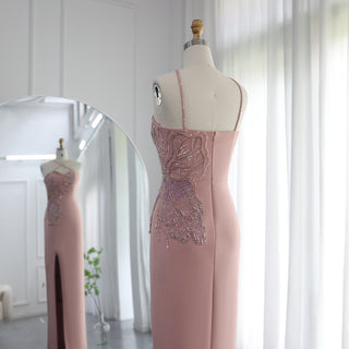 2024 Luxury Dubai Evening Dress in Pink with Butterfly Beaded Detail and Crisscross Straps: Ideal for Arabic Women's Wedding Party Gowns with Slit