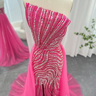 2024 Luxury Dubai Fuchsia Evening Dress with Overskirt: Scalloped High Slit, Ideal for Arabic Women's Wedding and Party Gowns