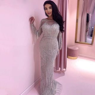 Ships in 1 to 3 Days - Silver Muslim Luxury Evening Dress 2024 with Mermaid Silhouette, Beaded Tassel Elegance - Ideal for Women's Party