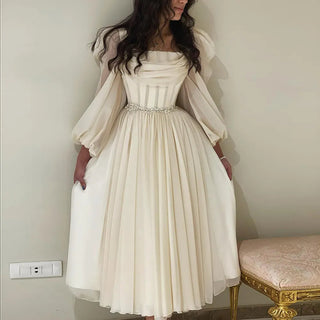 2024 Tea-Length Beige Arabic Evening Dress in Dubai: Long Sleeves, Belt, and Elegant Midi Style for Women's Formal Wedding Party Gowns