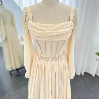 2024 Tea-Length Beige Arabic Evening Dress in Dubai: Long Sleeves, Belt, and Elegant Midi Style for Women's Formal Wedding Party Gowns