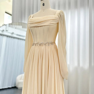 2024 Tea-Length Beige Arabic Evening Dress in Dubai: Long Sleeves, Belt, and Elegant Midi Style for Women's Formal Wedding Party Gowns