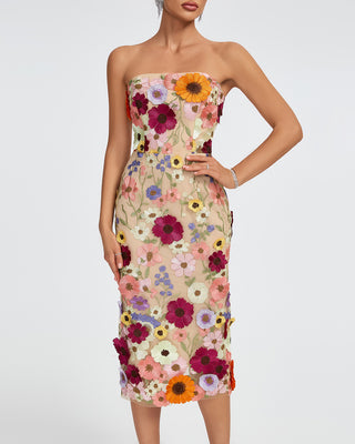 Ships in 1 to 3 Days - Strapless Sheer Midi Dress with Intricate Floral Embroidery