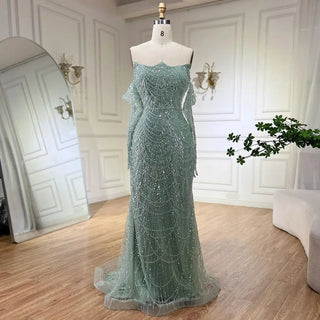 Dubai Arabian Green Luxury Evening Gown 2024 - Strapless Mermaid Dress with Gloves for Women's Wedding Parties