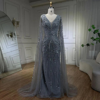 Arabic Silver Mermaid Cape Sleeves Beaded Evening Dress Luxury Gown 2024 for Women Wedding Party