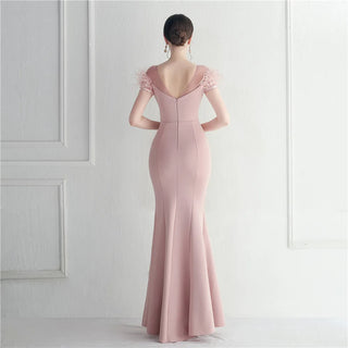 Elegant Feather Crystal Evening Dress with Sexy Slit - Floor-Length Party Maxi Celebrity Dress