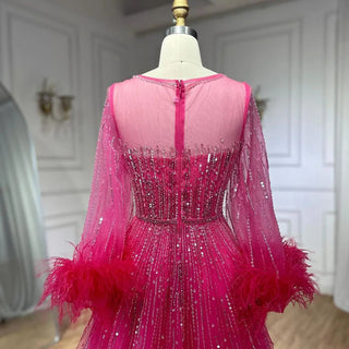 Ships in 1 to 3 Days - Modest Fuchsia A-Line Luxury Evening Dress with Feather Beading - Women's Wedding Party Gown 2024