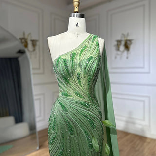 2025 Arabic Green One Shoulder Beaded Feathers Luxury Evening Gown with Side Cape Shawl for Women's Party