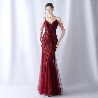 Sexy Strap Beaded Sequin Party Maxi Dress - Long Prom Evening Dress for Women