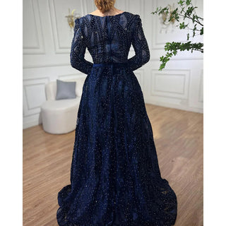 Dubai Blue Mermaid Deep-V Crystal Long Sleeves Luxury Party Dress: Formal Women's Evening Attire, 2024