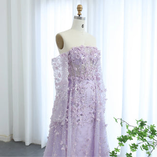 Elegant 3D Flowers Pink Luxury Dubai Evening Dress with Overskirt: Lilac Long Sleeves for Women's Wedding Party