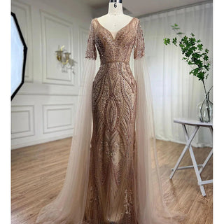 Emerald Elegance: 2024 Luxury Evening Dresses with Cape Sleeves in Rose Gold and Gray