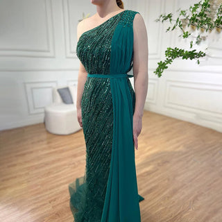 Dubai Green One Shoulder Luxury Evening Dresses 2024 - Mermaid Silhouette with Beaded Sequins Sparkle