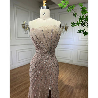 Caramel High Split Off Shoulder Mermaid Evening Dress - Beaded Gown for Women Wedding Party 2024