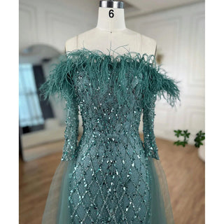 Dubai Caramel Feather Beaded Mermaid Evening Gown: Elegant Cape Sleeves for Women's Wedding Party 2024