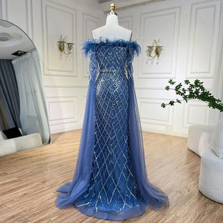 Elegant Cape Sleeves Mermaid Evening Dresses Gowns Luxury Feathers Beaded 2024 For Women Wedding Party