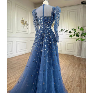 Blue Opulence: 2024 Muslim A-Line Evening Dress with Luxury Beading - Perfect for Women's Parties