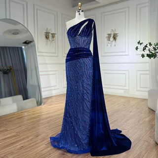 Blue Mermaid One Shoulder Elegant Cap Sleeve Beaded Luxury Evening Dresses: Gowns for Women's Party 2024