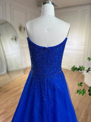 Arabic Blue Cape Sleeves A-Line Beaded Luxury Dubai Evening Dresses Wedding Party Gowns For Women 2024