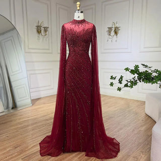 Ships in 1 to 3 Days - 2024 Nude Cape Sleeves Mermaid Lace Beaded Luxury Dubai Long Evening Dress - Perfect for Women's Wedding Parties