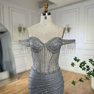 2024 Silver Nude Off-Shoulder Mermaid Elegant Beaded Tassel Evening Dresses Gown for Women Wedding Party