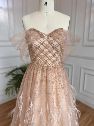 Luxury Feather Pink Dubai Evening Dresses: Elegant Off-Shoulder, Beaded Champagne Formal Dress for Women at Weddings