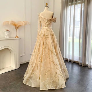 Luxury Dubai Gold Ball Gown Evening Dresses for Women's Wedding: 2024 Elegant One-Shoulder Prom and Formal Party Gown