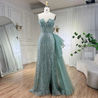 2024 Sky Blue Spaghetti Strap Luxury Evening Dress: Mermaid Beaded Elegant Overskirt for Women's Party