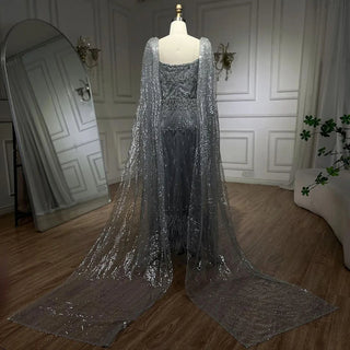 Ships in 1 to 3 Days - Bling Gray Mermaid Arabic Evening Dress with Cape Feather: Prom Formal Attire for Women's Wedding Party