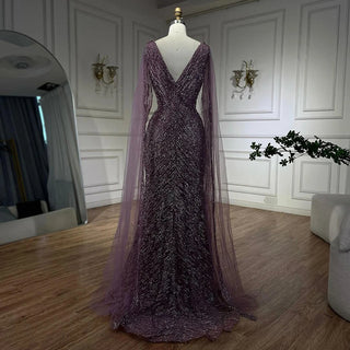 Customized Arabic Nude Luxury A-Line Beaded Evening Dress with Cape Sleeves for Women’s Wedding Party