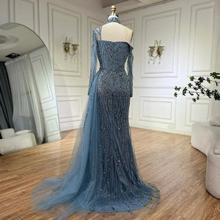 Ships in 1 to 3 Days - Arabic Blue Mermaid Evening Dress with High Split and Beading - Women's Wedding Party Gown (2024)