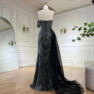 2024 Arabic Blue One-Shoulder Luxury Dubai Evening Gown with Side Overskirt Beaded Dress for Women's Party