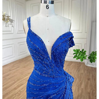 Blue Mermaid Split Evening Gown 2024 - Elegant Luxury Beaded Dress for Women's Party