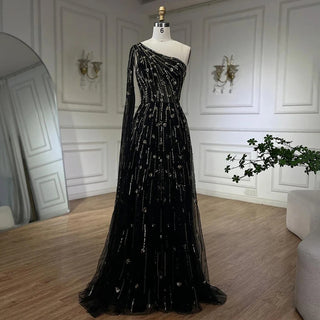 Dubai Green A-Line One-Shoulder Cape Sleeves Beaded Luxury Evening Dress - Gown for Women's Wedding Party