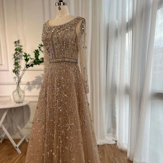 Dubai Arabic Designer Luxury Nude A-Line Beaded Evening Dress - Women's Wedding Party Gown (2024)