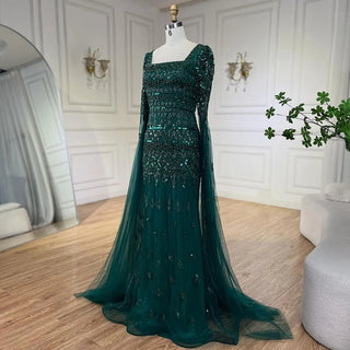 Caramel Mermaid Long Evening Dress with Beaded Cape Sleeves - Elegant Gown for Women's Wedding Party