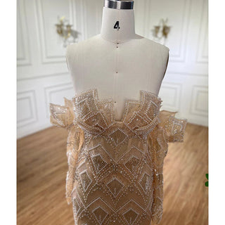 Arabic Beige Elegant Mermaid Boat Neck Pearls Beaded Dubai Evening Dress: Long Luxury Gown for 2024