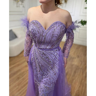 Chic Arabic Luxury Nude Mermaid Evening Dress with High Split, Beaded Feathers - Long 2024 Gown for Women's Wedding Party