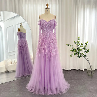 Luxury Dubai Sage Green Feathers Evening Dress for Women Elegant 2024 Lilac Burgundy Wedding Party Formal Gown