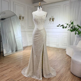 Ships in 1 to 3 Days - Beige Mermaid Floor-Length Evening Gown - Luxury Beaded Crystal Spaghetti Strap Party Dress for Women (2024)