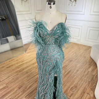 Turquoise Spaghetti Strap High-Split Mermaid Beaded Feathers Evening Gown for Women Wedding Party 2024