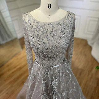 Ships in 1 to 3 Days - 2024 Muslim Gray A-Line Evening Luxury Dubai Dress - Beaded Gown for Women's Wedding Party