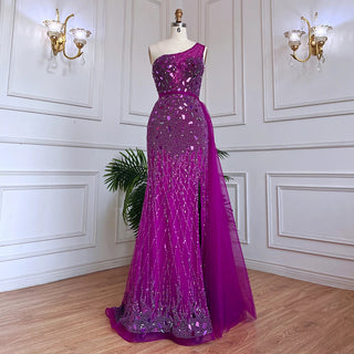 Arabic Purple Mermaid One Shoulder Evening Dress 2024 - High Split, Beaded Luxury Gown for Women's Party