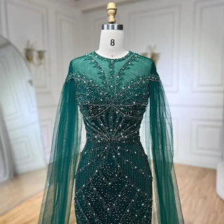 2024 Dubai Arabic Black Mermaid Elegant Cape Sleeves Beaded Luxury Evening Dresses Gown Women Wedding Party