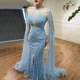 Ships in 1 to 3 Days – Lilac Mermaid Evening Gown 2024: Cape Sleeves, Luxury Beaded, Open Split for Women's Wedding Party