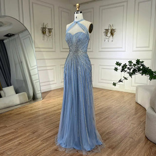 Dubai Azure: 2024 Turquoise Spaghetti Strap A-Line Luxury Beaded Evening Dress - Gown for Women's Wedding Party