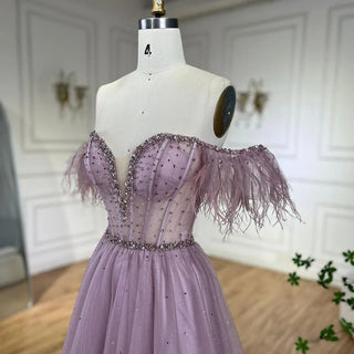 Ships in 1 to 3 Days - Dubai Arabic Elegant Lilac Feathers Beaded A-Line Evening Gown 2024 Luxury Dress for Women Long Party Dress