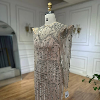 Ships in 2 to 5 Days - Luxury Nude Mermaid Evening Gown with Pearls and Beaded Embellishments – Custom Arabic Design